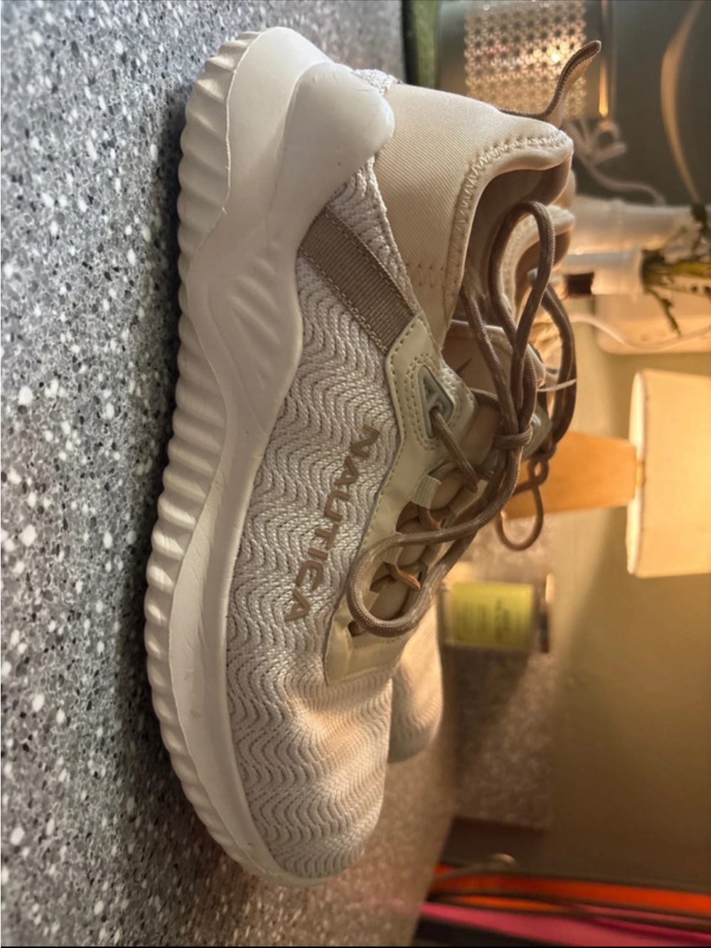 Nautica Cream/Tan Knit Wave-Pattern Athletic Sneakers
